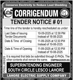 Lahore Electric Supply Company Limited Tender Notice